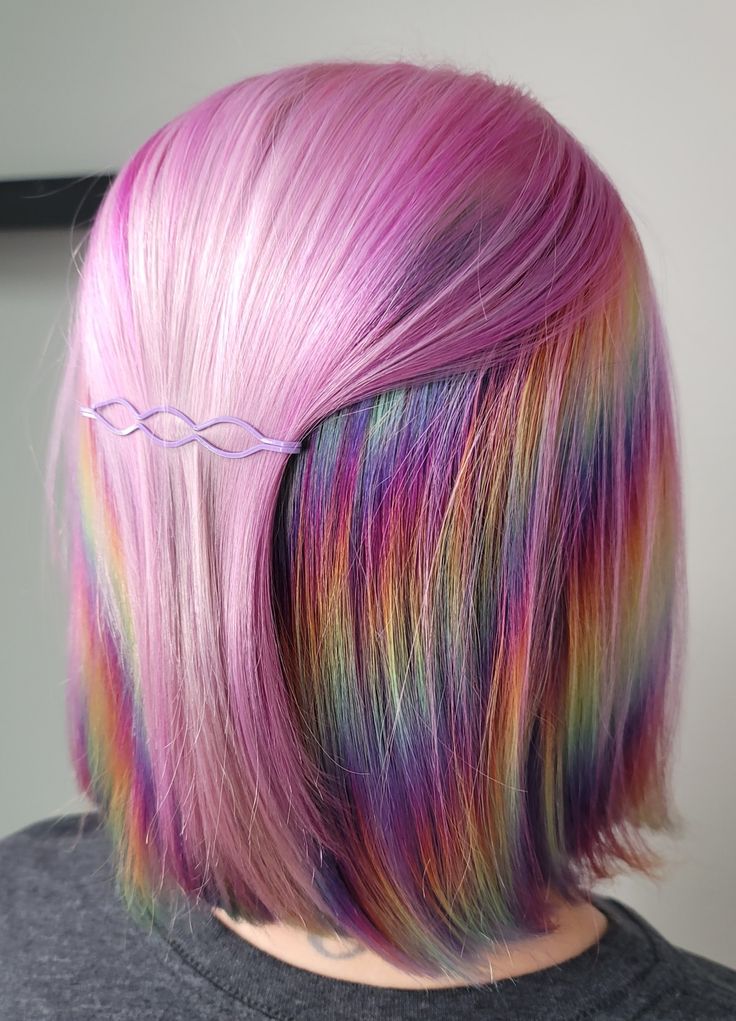 Short Prism Hair, Prism Hair Color Short, Pastel Prism Hair, Prism Hair Color Placement, Pastel Rainbow Hair Color, Chrome Hair Color, Rainbow Prism Hair, Prism Hair Color, Mermaid Hair Ideas