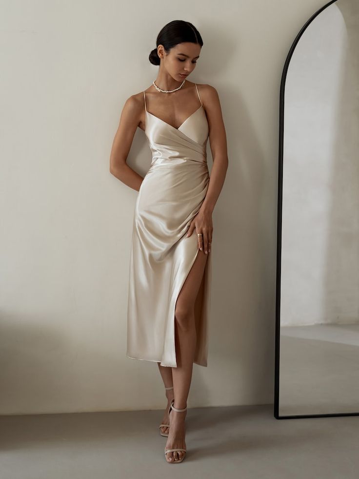 Draped wrap-effect midi dress :: LICHI - Online fashion store Satin Fashion, Cami Midi Dress, Satin Evening Dresses, Slip Dresses, Sleeveless Midi Dress, Midi Dress Party, Looks Chic, Fashion Design Clothes, Turn Up