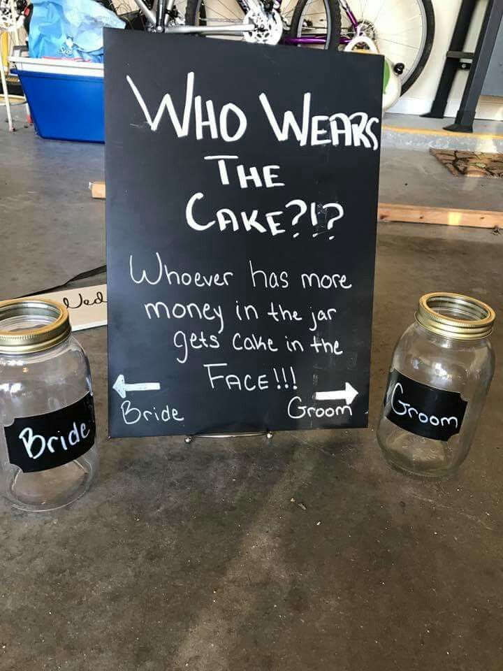 a sign that says who wear the cake? and two jars with money in them