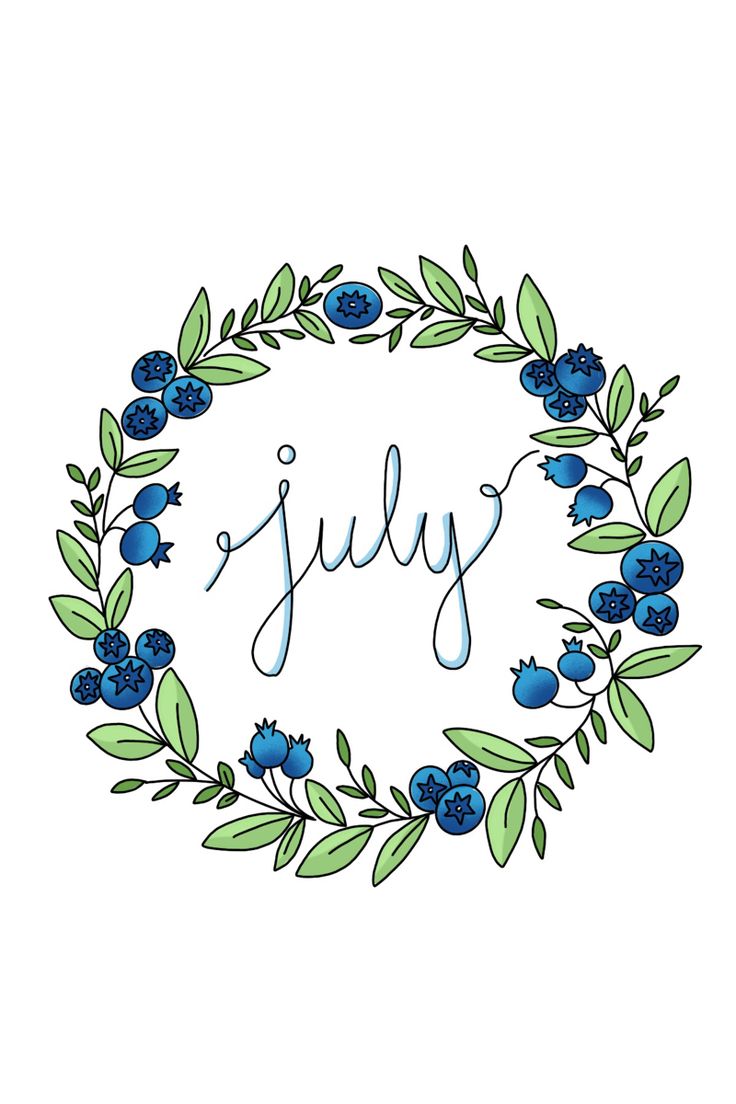 the word july is surrounded by blueberries and leaves in a circle on a white background