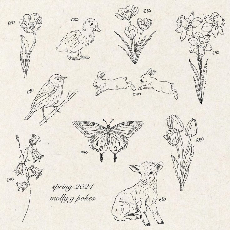 some animals and flowers are drawn in black ink