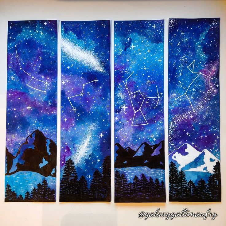 three paintings depicting the night sky with stars and constellations on them, each painted in acrylic paint