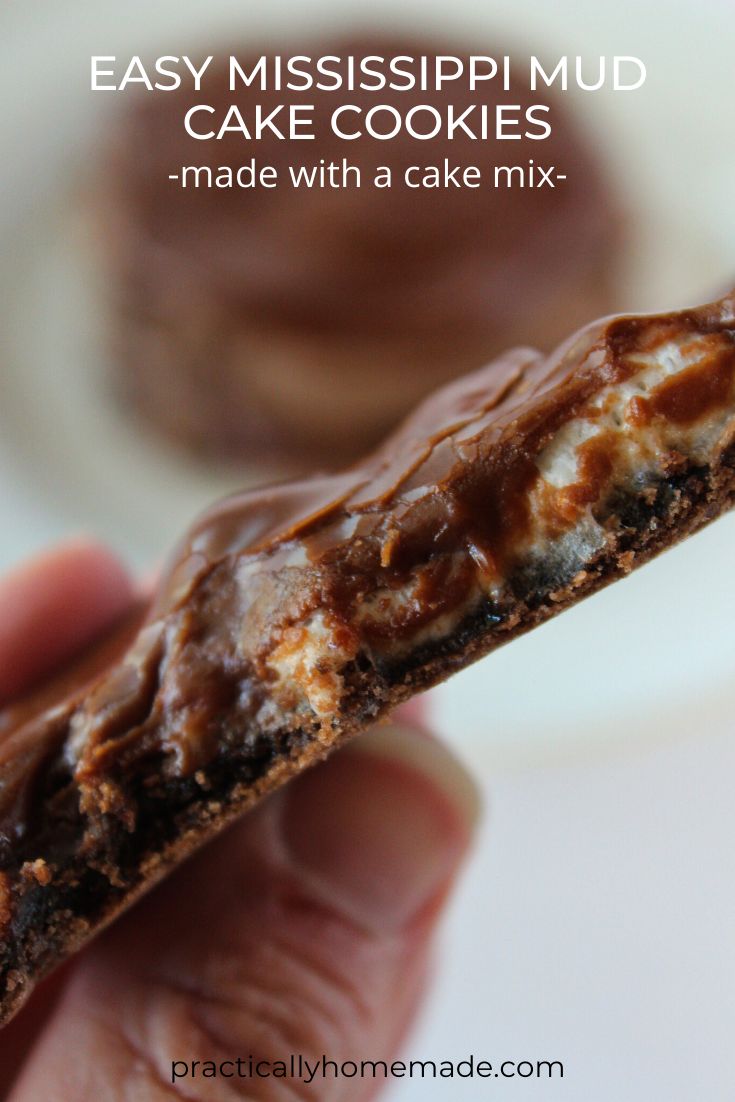 a close up of a person holding a chocolate chip cookie with the words easy mississippi mud cake cookies made with a cake mix