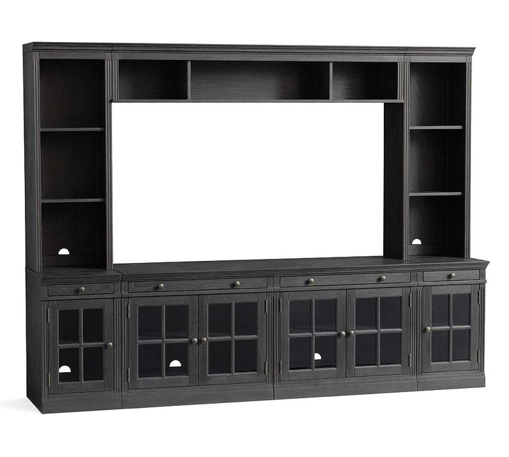 a black entertainment center with glass doors and shelves