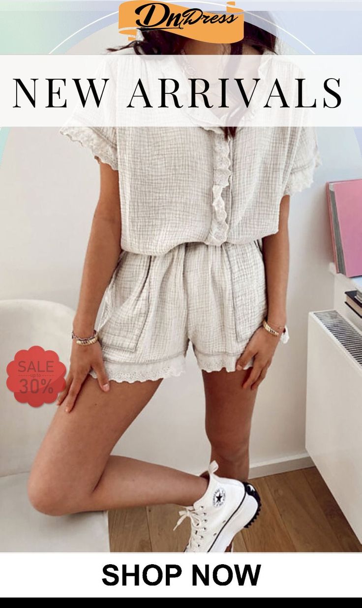 Ruffles Blouse Shorts Set Summer Sleepwear With Ruffles, Chic Summer Sleepwear With Relaxed Fit, Chic Relaxed Fit Summer Sleepwear, Ruffled Tops For Spring, Short Length, Chic Summer Blouse For Loungewear, Summer Ruffled Short Tops, Ruffled Short Length Tops For Spring, Ruffled Short-length Tops For Spring, Spring Ruffled Short Length Tops