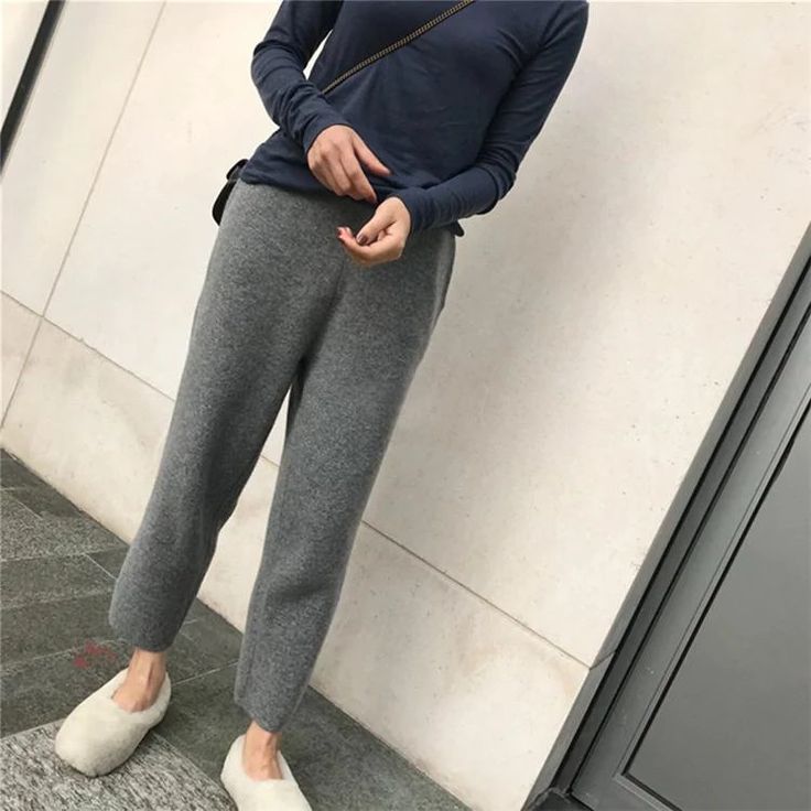 High Waist Elegant Knitted Pants – Tomscloth Gray Knit Bottoms For Fall, Cozy Pants With Pockets For Winter, Cozy Winter Pants With Pockets, Winter Loungewear Full-length Pants, Gray Knit Bottoms For Winter, Casual Stretch Bottoms For Winter, Fall Loungewear Non-stretch Sweatpants, Casual Knit Bottoms With Pockets, Comfortable Gray Sweatpants For Fall