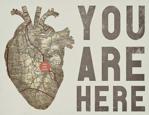 a sign that says you are here with a map in the shape of a heart