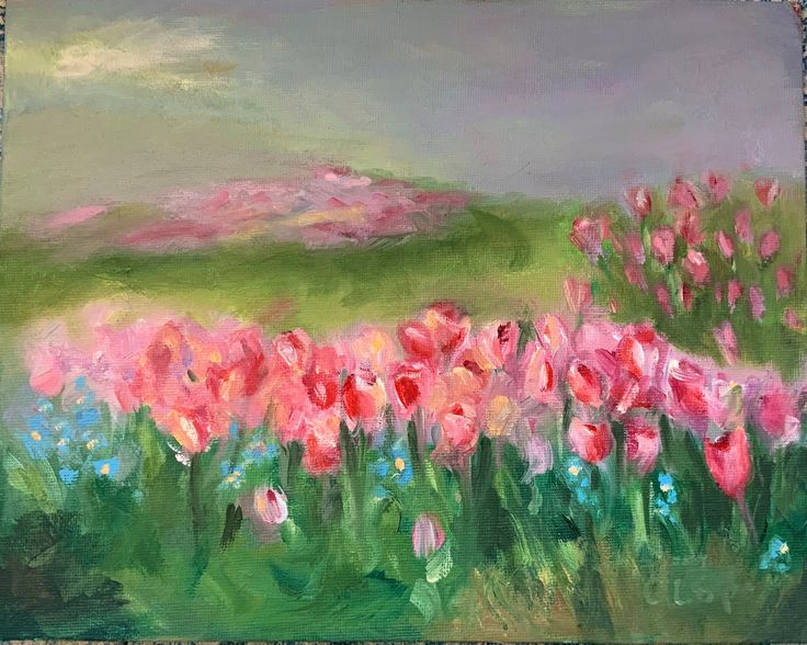 an oil painting of pink and red flowers