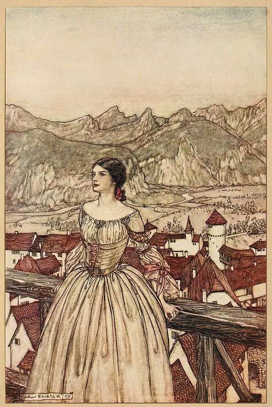 a drawing of a woman standing on top of a wooden fence with mountains in the background