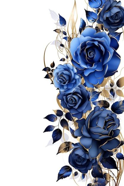 blue roses with leaves and stems on a white background in the form of a border