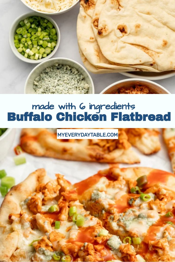 the homemade buffalo chicken flatbread is ready to be eaten with peas and other ingredients