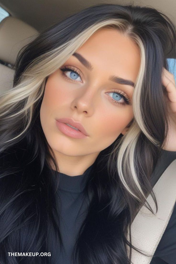 Dark hair With Platinum blonde Dark Hair With Platinum, Platnium Blonde Hair, Medium Length Haircut Ideas, Black Hair With Blonde Highlights, Edgy Hair Color, Blonde Hair Transformations, Vietnamese Hair, Medium Length Haircut, Short Hair Tutorial