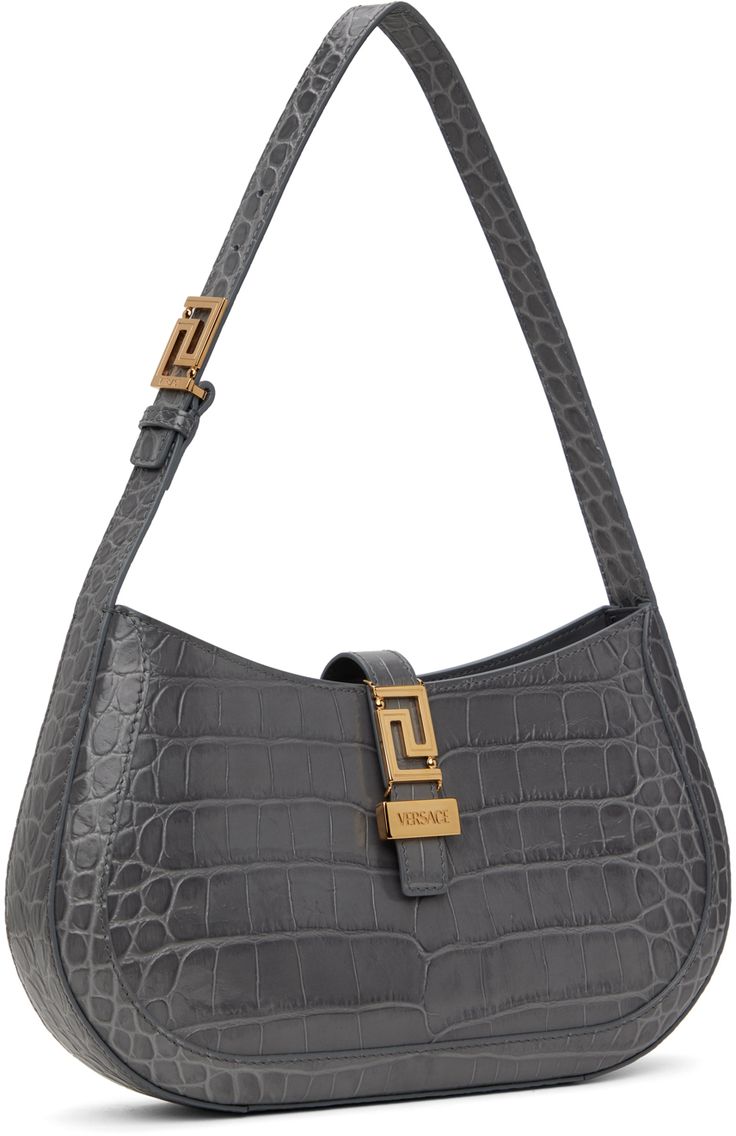 Croc-embossed calfskin shoulder bag in gray. · Adjustable shoulder strap · Logo hardware at magnetic press-stud tab · Zip pocket at interior · Buffed calfskin lining · Logo-engraved gold-tone hardware · H6.5 x W12 x D2 Supplier color: charcoal Evening Gray Leather Shoulder Bag, Gray Leather Evening Shoulder Bag, Formal Gray Crossbody Shoulder Bag, Formal Gray Shoulder Bag With Detachable Strap, Formal Gray Rectangular Shoulder Bag, Gray Luxury Shoulder Bag For Evening, Evening Gray Shoulder Bag With Gunmetal Hardware, Classic Gray Shoulder Bag For Evening, Luxury Gray Shoulder Bag For Formal Occasions