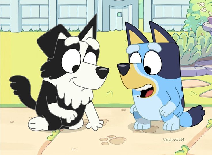 two cartoon dogs standing next to each other in front of a white fence and building