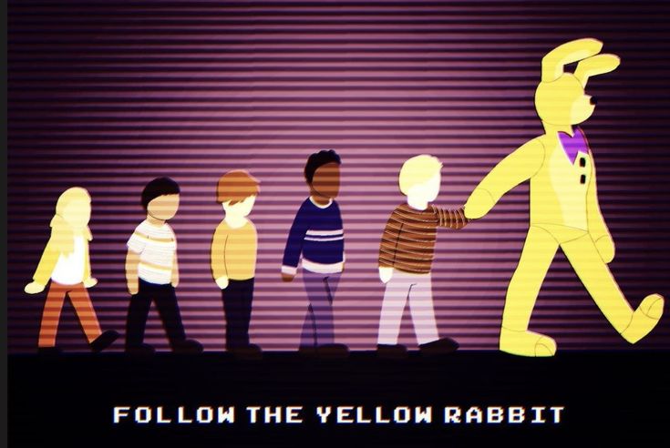 a group of people standing next to each other in front of a purple background with the words follow the yellow rabbit