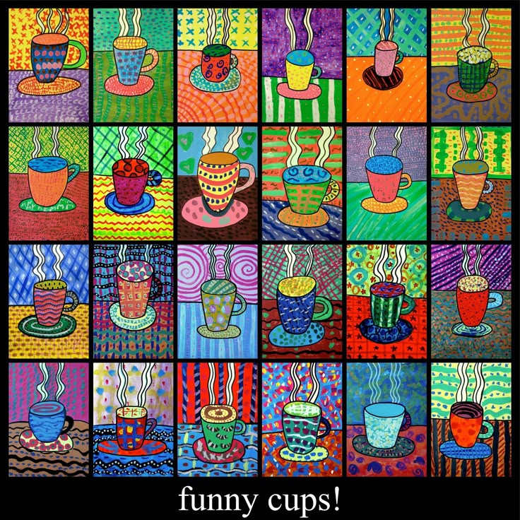 a poster with pictures of coffee cups on it's sides and the words, funny cups