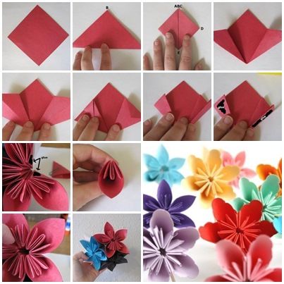 the steps to make origami flowers are shown in several different pictures, including one being