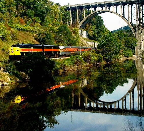 a train traveling over a bridge on top of a river next to a lush green hillside