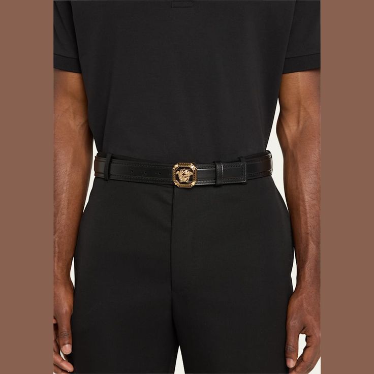 Versace belt in smooth calfskin leather Gold-tone Medusa buckle  Approx. 1.4"W Spot clean Made in Italy Formal Black Belt Buckles With Gold-tone Logo, Classic Leather Belt With Gold-tone Logo Plaque, Leather Belt Buckle With Logo For Business, Leather Belt Buckles With Logo For Business, Leather Belt Buckles With Logo Plaque For Business, Leather Belt With Gold-tone Logo For Business, Designer Belt With Gold-tone Logo For Business, Luxury Business Belt With Logo Plaque, Luxury Business Belts With Logo Plaque