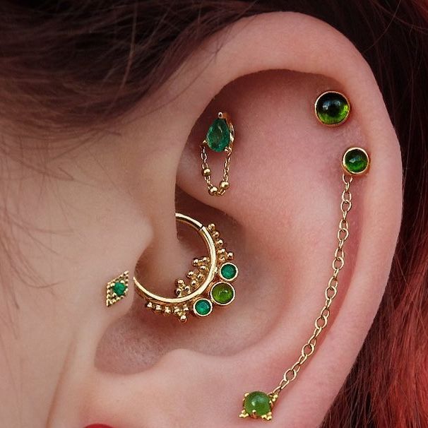 a close up of a person with ear piercings on their ears and behind the ear