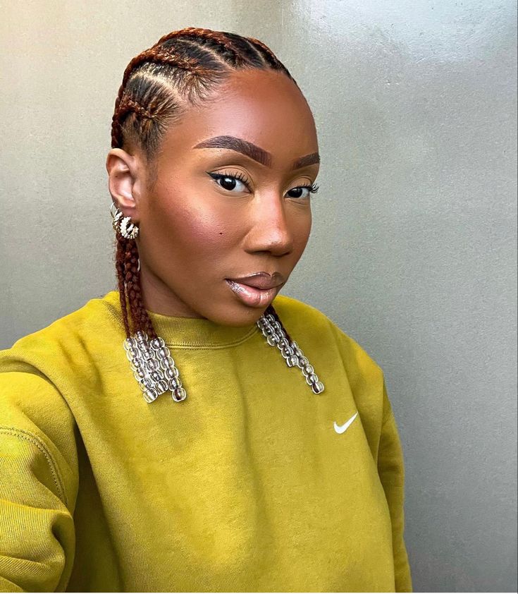 Cornrows Beads Black Women, Cornrow Beads Hairstyles, Crownrows Braids Black Women, Cornrows And Beads, Boho Cornrows Braids, Inside Cornrows, Cornrows With Beads For Women, Conrows Lines And Braids With Beads, Crownrows Braids