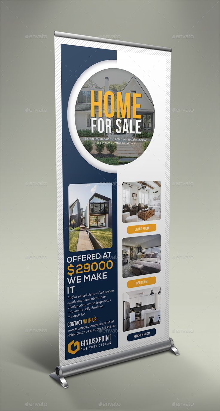 a roll up banner is shown with the words home for sale on it and an image of