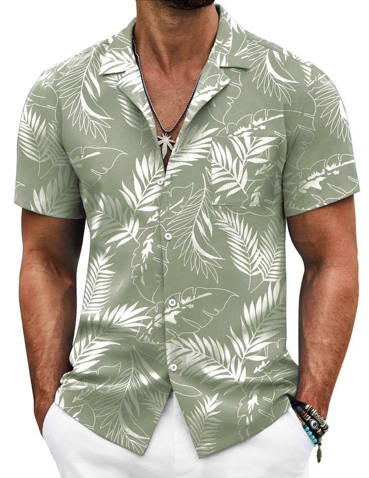 PRICES MAY VARY. LIGHTWEIGHT & COMFORTABLE FABRIC--- This hawaiian shirt for men is made of high quality soft & lightweight polyester fabric.Keeps you cool during hot summer days and gives you comfortable and nature skin feel. And the fabric is wrinkle free and will not need ironing so this is great to pack for your vacation. HAWAIIAN PRINTED STYLE---The button dwon shirt men features with a tropical floral printed design, short sleeve, button down closure, regualar fit, camp collar, patch pocke Mens Dressy Casual, Garden Fashion, Men's Summer Outfit, White Summer Shirt, Casual Beach Wedding, Men Linen Shirt, Camp Collar Shirt, Khaki Shirt, White Shirt Men