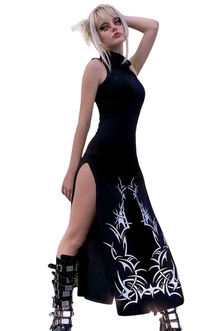 EDGY TURTLENECK DOUBLE SLASH BLACK MAXI DRESS Rock Style Outfits, Rock Style Clothing, Outfits Edgy, Split Long Dress, Sleeveless Long Dress, Style Punk, Gothic Dress, Alternative Outfits, Black Maxi