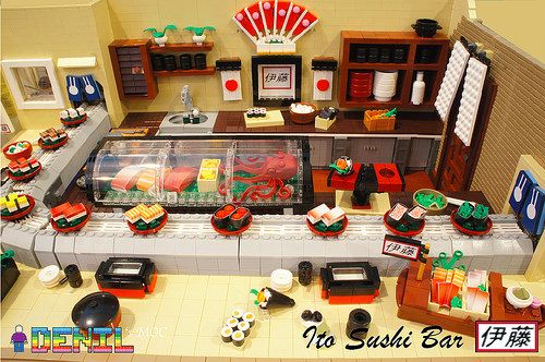 [Denil's MOC] Ito Sushi Bar 5 | denil oh | Flickr Bloxburg Sushi Bar, Sushi Train, Lego Minion, Lego Mocs, Bar Art, Sushi Bar, Floor Layout, City Car, Lego