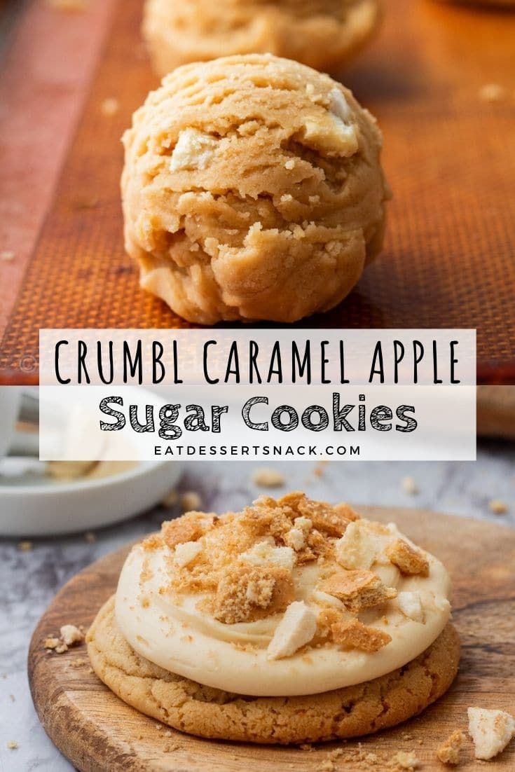 some cookies that are sitting on top of a wooden board with the words crumbl caramel apple sugar cookies