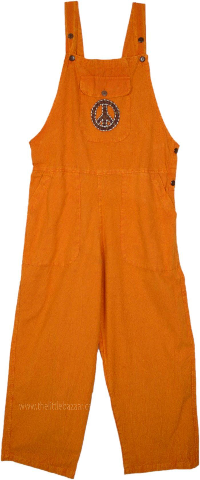 Orange Peace Hippie Cotton Overalls Jumpsuit | Dresses | Orange | Sleeveless, Bohemian, Handmade Summer Relaxed Fit Bib Front Shortalls, Sleeveless Cotton Shortalls, Casual Style, Casual Cotton Sleeveless Shortalls, Casual Sleeveless Shortalls With Pockets, Cotton Jumpsuits And Rompers With Adjustable Straps, Summer Bib Front Shortalls With Pockets, Cotton Jumpsuit With Adjustable Straps And Bib Front, Casual Sleeveless Overalls With Side Pockets, Cotton Overalls With Bib Front