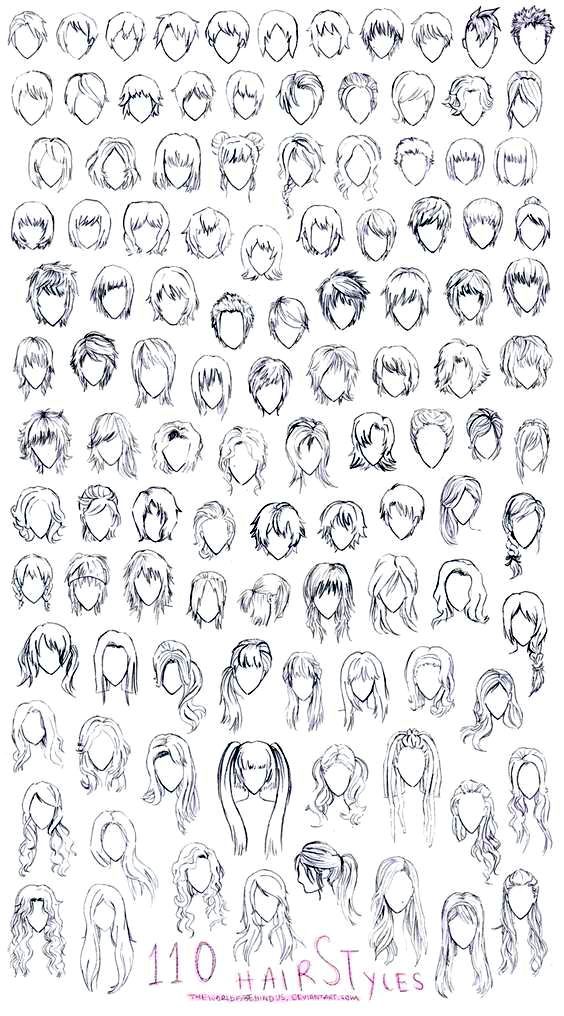 the various hairs and head shapes for anime character heads, drawn in pencil on paper