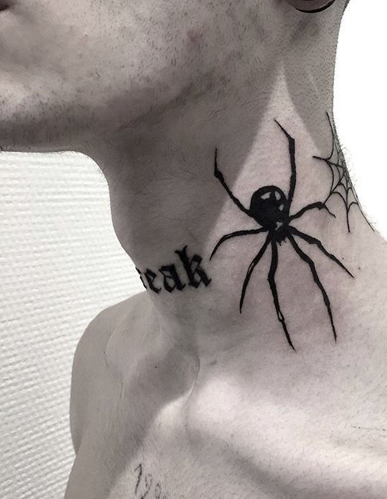 a man with a black spider tattoo on his neck and chest is looking at the camera