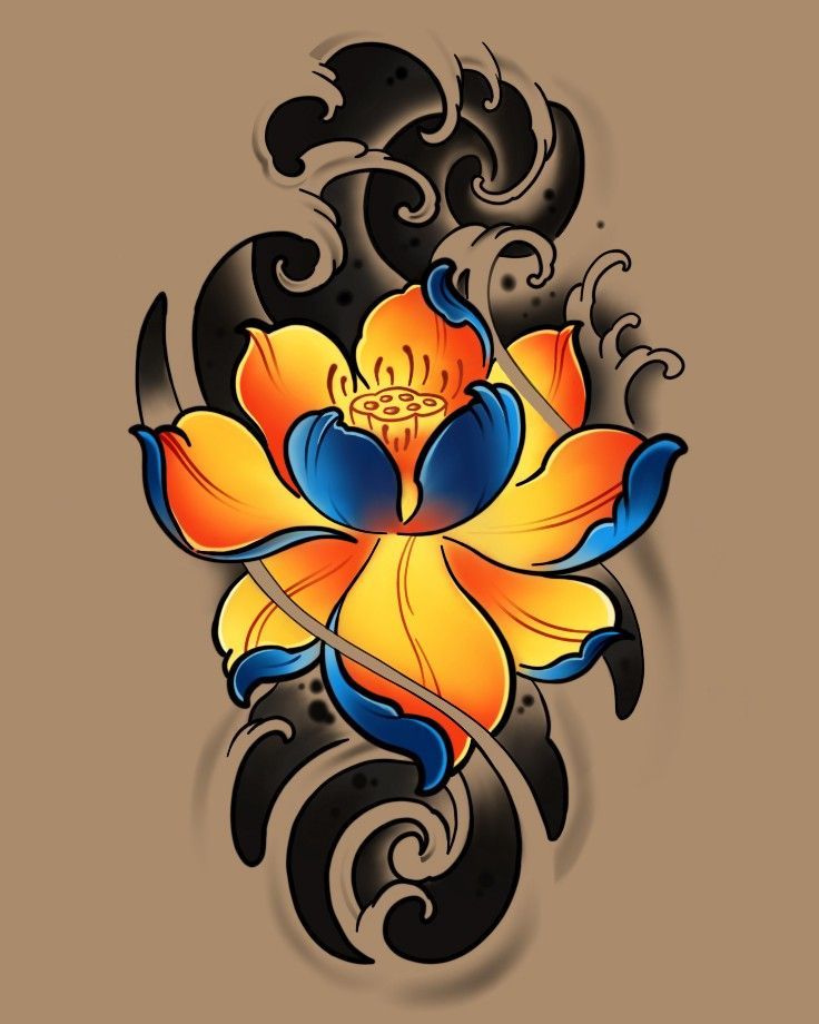 a tattoo design with an orange flower on it