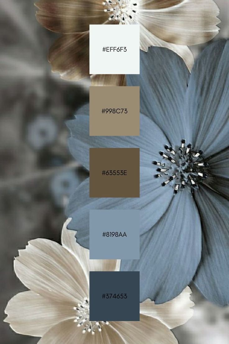 the color palette is blue, brown, and white with an assortment of flowers in it