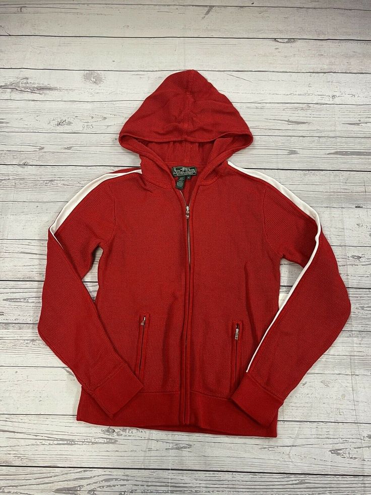 Ralph Lauren Active Red/White Hooded Zip Up Jacket Women’s Size Small. Condition is "New with tags" SEE PICS BS153/21K4LH1 Red Hoodie With Drawstring, Casual Red Winter Track Jacket, Red Cotton Outerwear With Drawstring Hood, Red Hooded Jacket With Pockets, Red Casual Cotton Hooded Jacket, Casual Red Cotton Hooded Jacket, Red Track Jacket With Drawstring Hood, Red Long Sleeve Track Jacket With Drawstring Hood, Sporty Red Cotton Outerwear