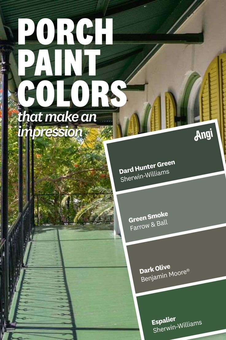 Porch paint colors with a paint swatch of four colors and a porch in blue Green Porch Paint, Front Porch Colors Scheme, Wood Front Porch Paint Ideas, Green Deck Paint, Porch Colors Scheme, Front Porch Floor Colors, Green Tin Roof Exterior Colors, Porch Painting Ideas, Front Porch Paint Colors