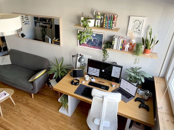 a living room filled with furniture and lots of plants on top of a wooden table