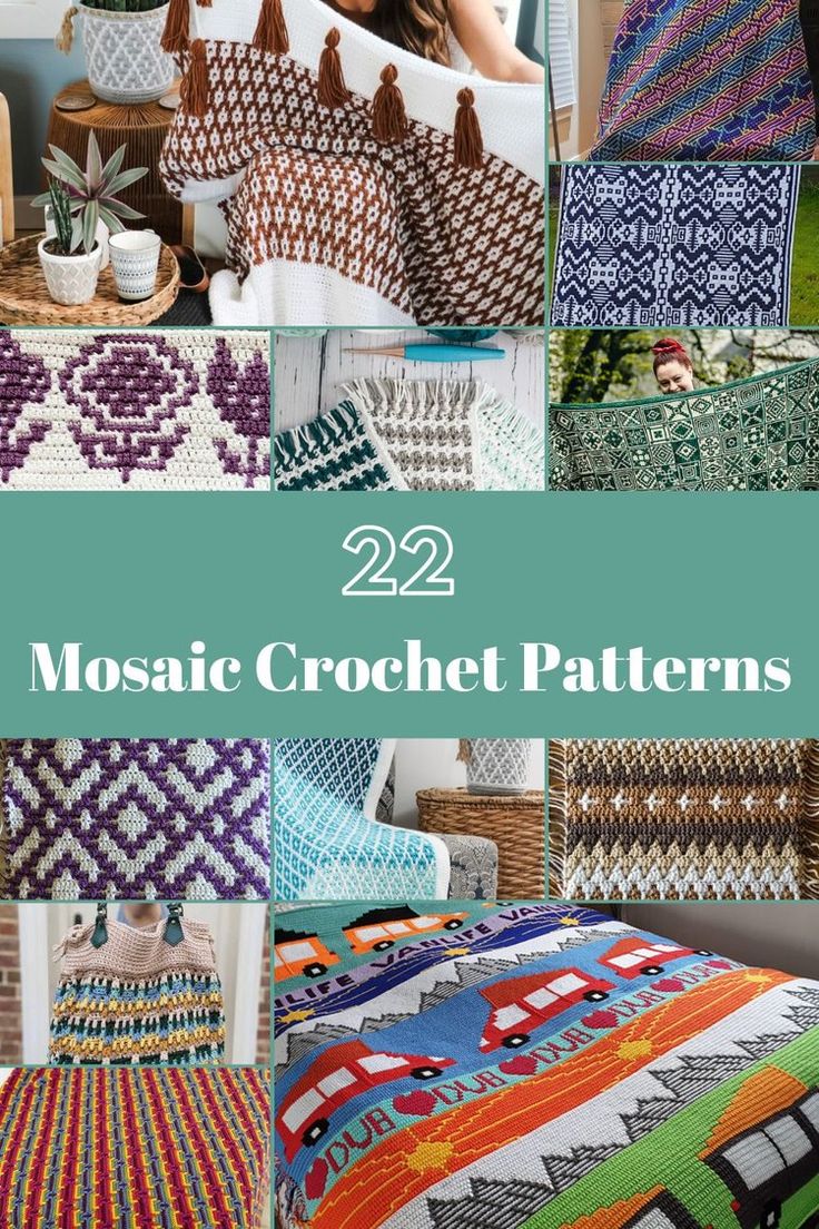 the cover of two mosaic crochet patterns is shown in different colors and sizes