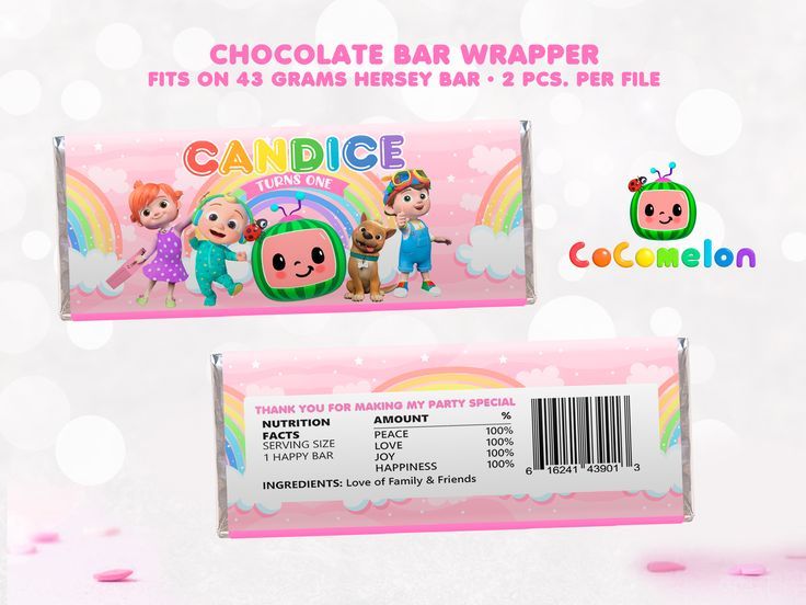 a candy bar with the name candice on it and an image of two children's characters