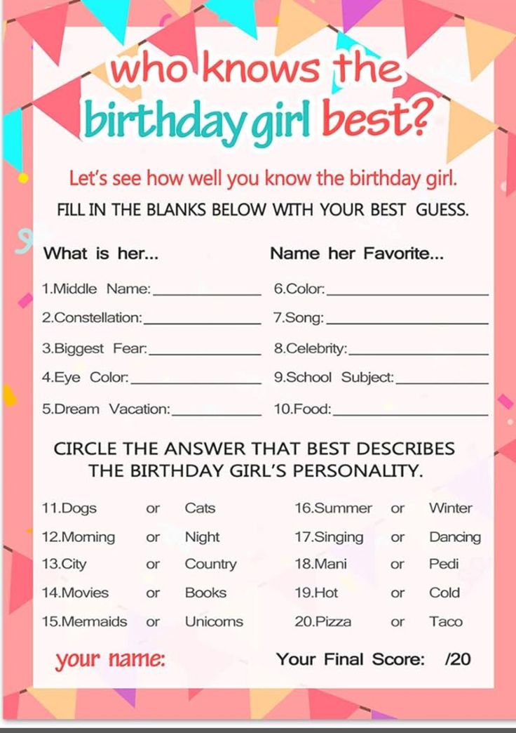 a birthday party game for girls with the words who knows the birthday girl best?