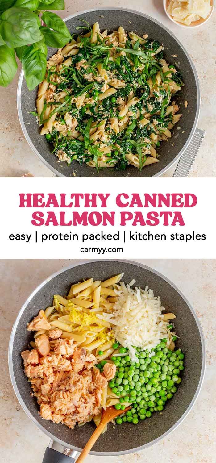 healthy canned salmon pasta in a skillet with peas, onions and parmesan cheese