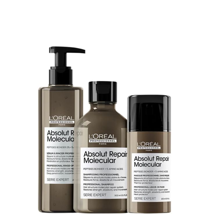 Kit com shampoo, máscara leave-in e sérum para cabelos danificados. L'Oréal Professionnel Absolut Repair Molecular Trio de Cuidados é a solução altamente eficaz para revitalizar os fios. O Kit L'Oréal Professionnel Absolut Repair Molecular Trio de Cuidados traz inovação para recuperar o cabelo de maneira nunca vista antes: repara 2 anos de danos em um uso (Teste instrumental na estrutura macromolecular da fibra após a aplicação do shampoo + rinse off sérum + leave in). Possui tecnologia que perm L Oreal, Leave In, Bath Body Works, Hair Care, Repair, Hair Care Tips