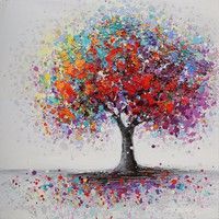 an abstract painting of a tree with multicolored leaves