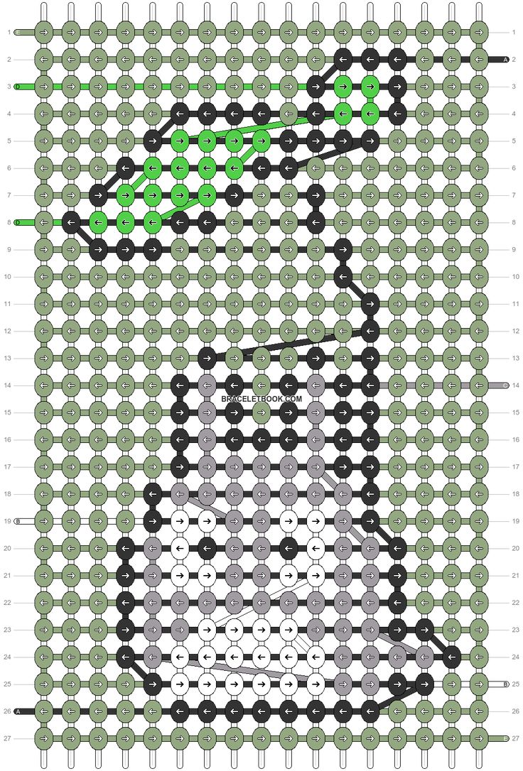 a cross stitch pattern with green and black dots on the bottom, and an image of a