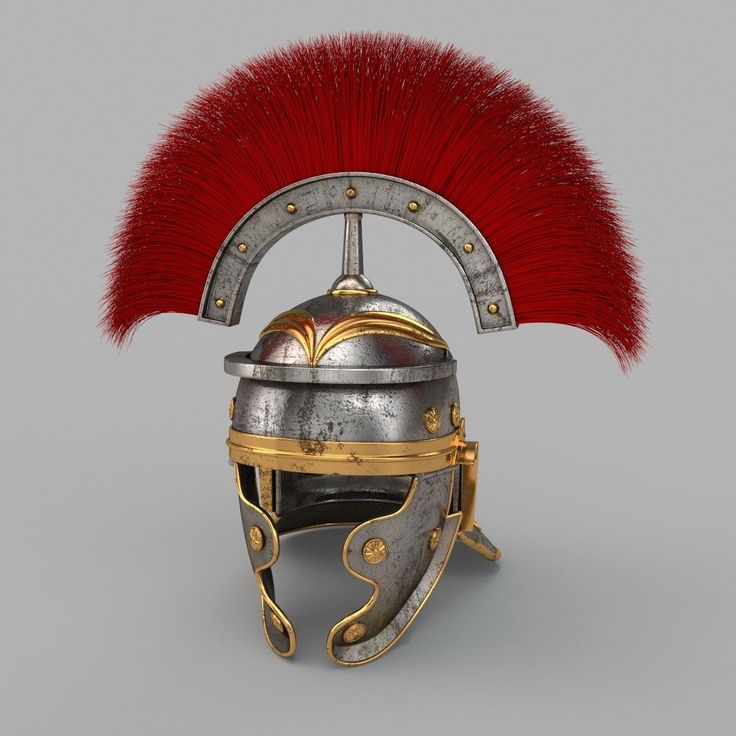 a helmet with a red plume on top of it and a metal stand next to it