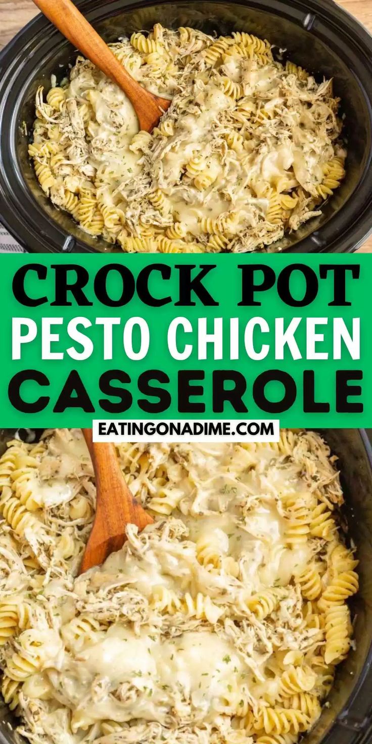 crock pot pesto chicken casserole in a slow cooker with text overlay