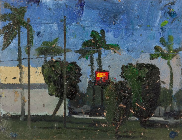 a painting of palm trees and a red sign