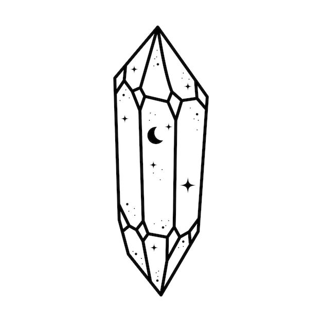 a black and white drawing of a crystal point with stars on it's side