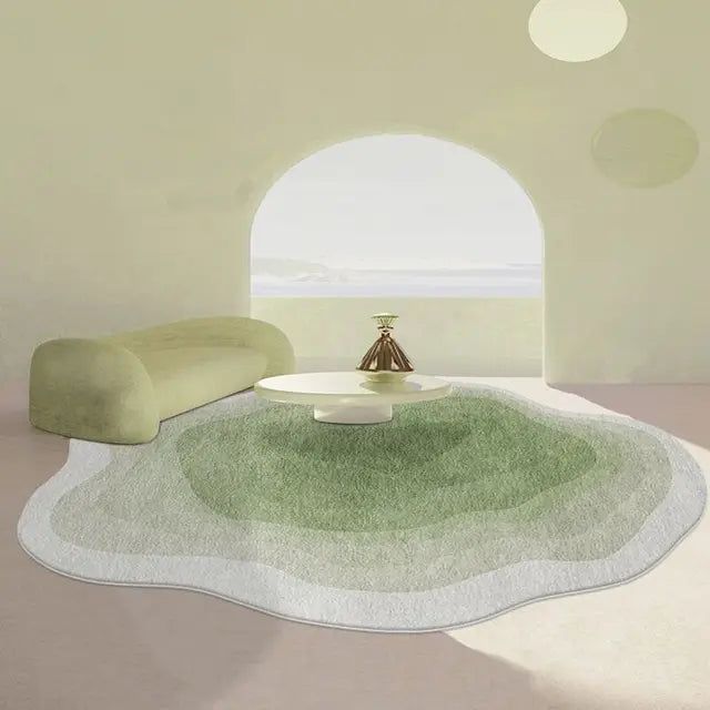 a living room with an oval shaped rug on the floor and a round table in front of it